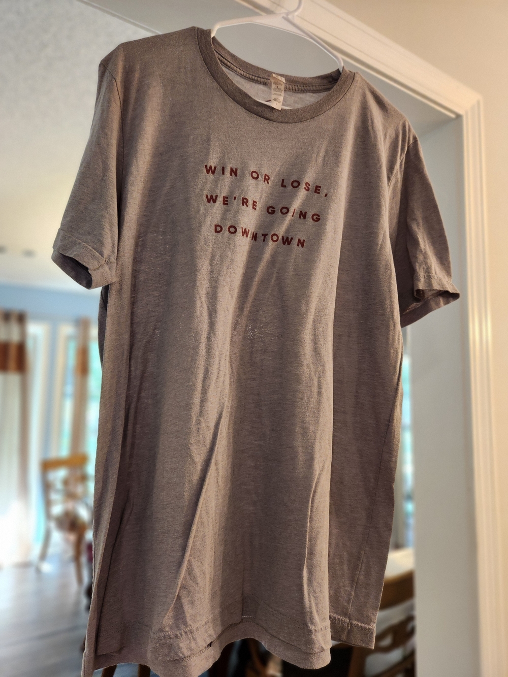 Bella Canvas Gray Short Sleeve Tee with Red Text Graphic